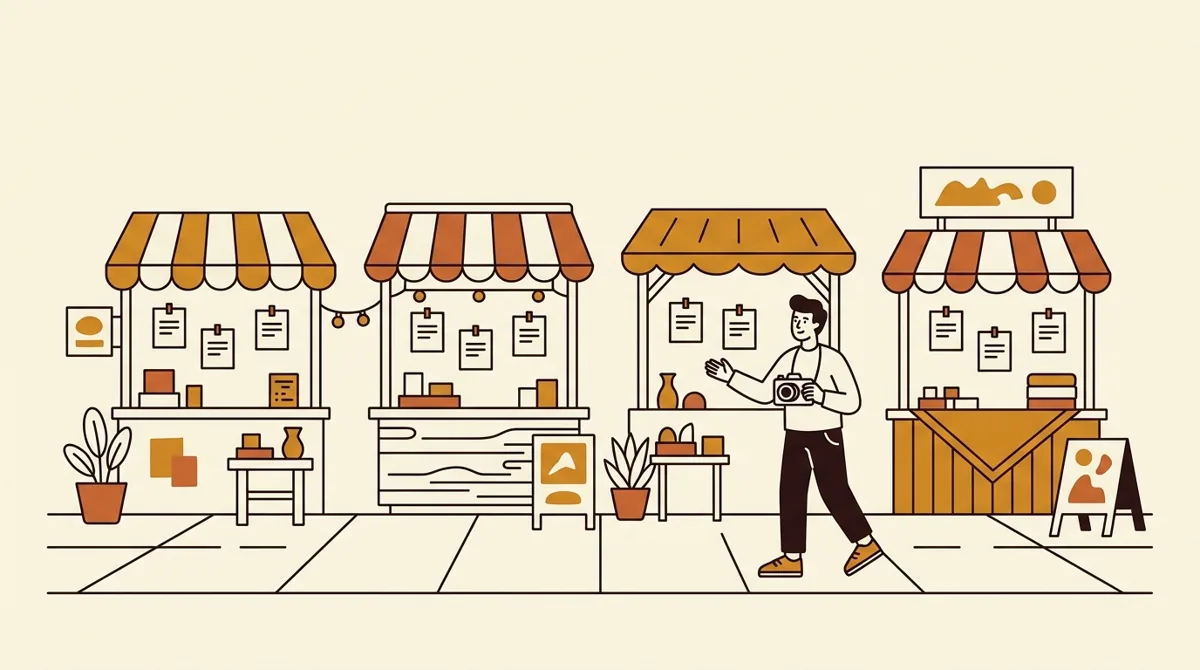 Several creator marketplaces shown as storefronts with different entry points