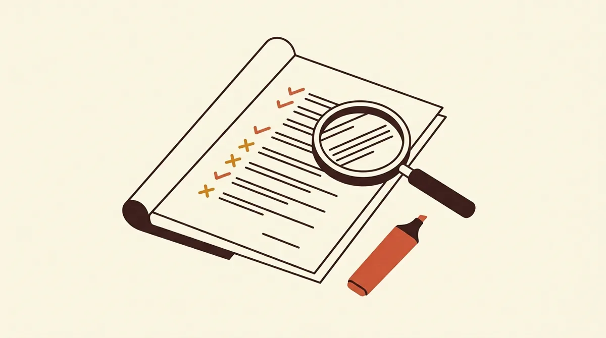 A signed creator contract examined with a magnifying glass and checklist