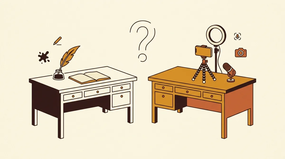 A cluttered writing desk compared with a structured creator-focused workspace