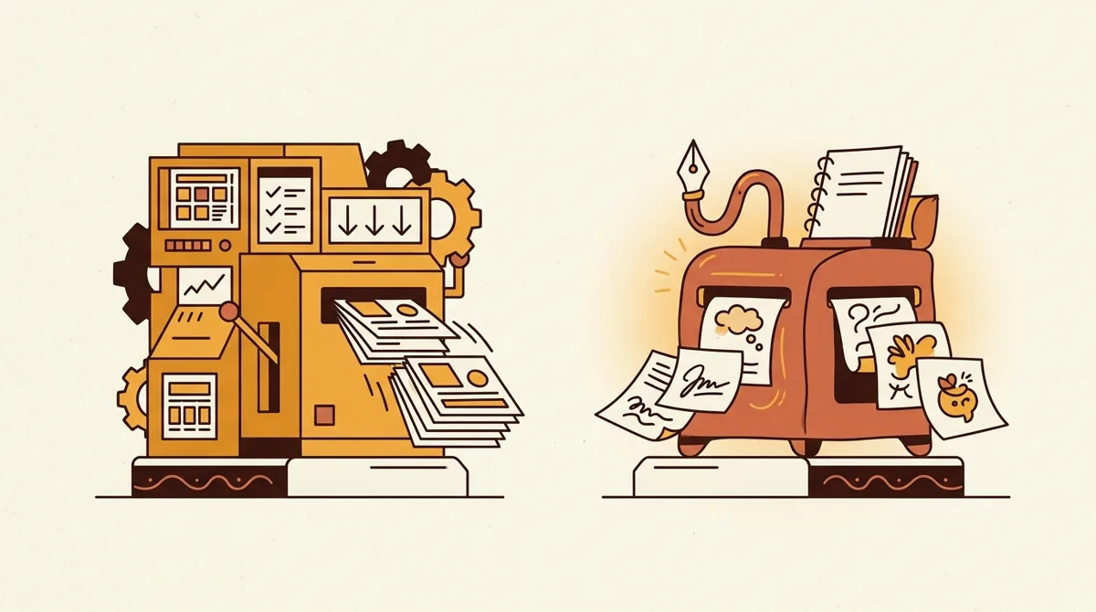 Two social content workstations compared across creation, planning, and publishing