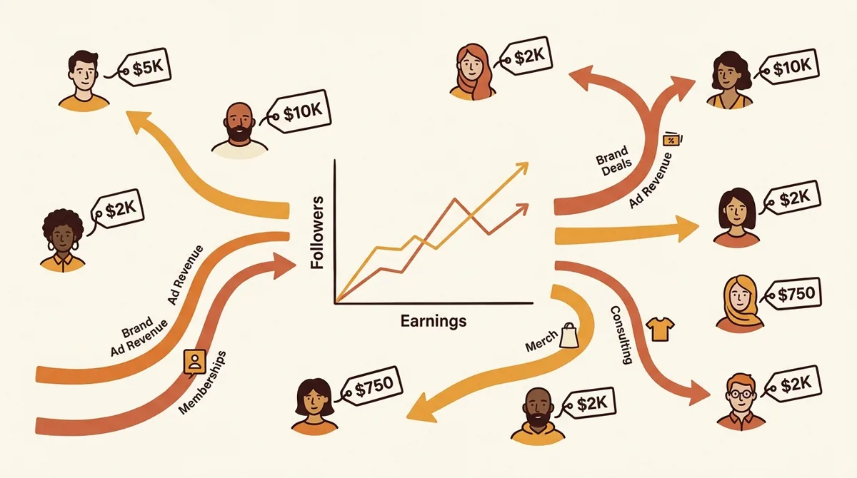 Illustrated creator portraits surrounding reported income figures from eight 2026 case studies
