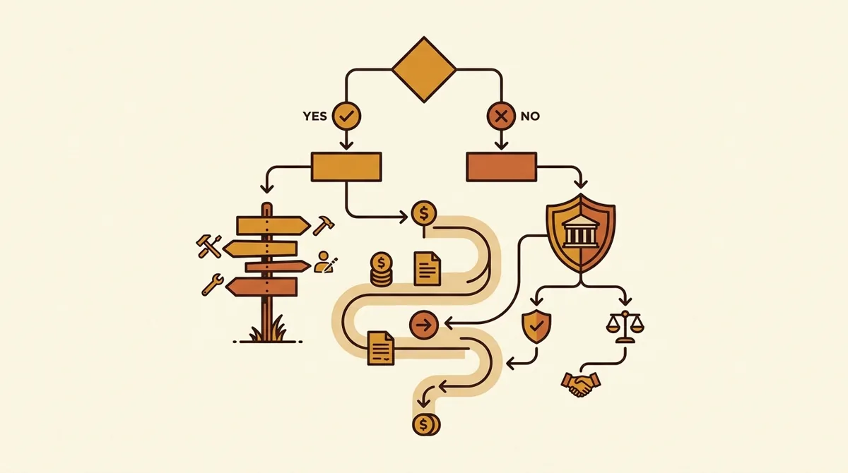 A branching decision map connecting creator risks, costs, and business structure choices