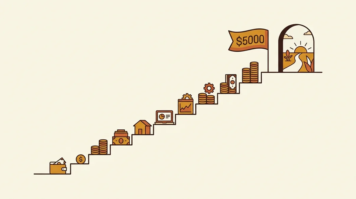 A staircase of monthly revenue milestones leading toward full-time creator income