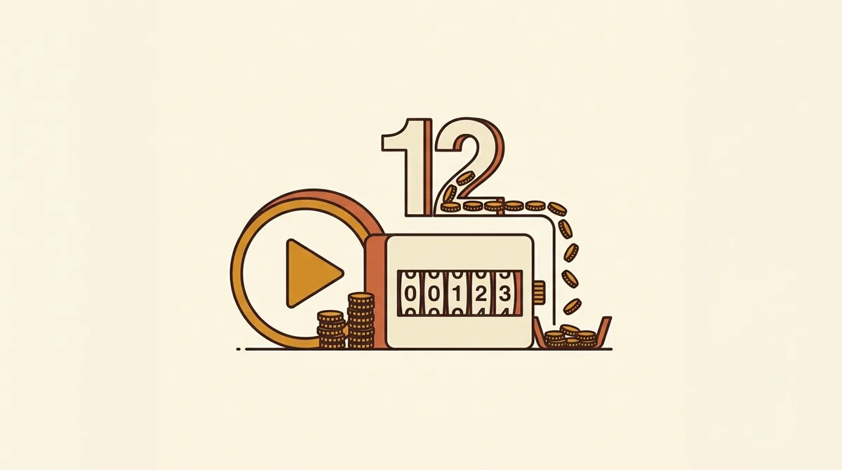 A video play icon, publishing calendar, and payment card illustrating view-based earnings