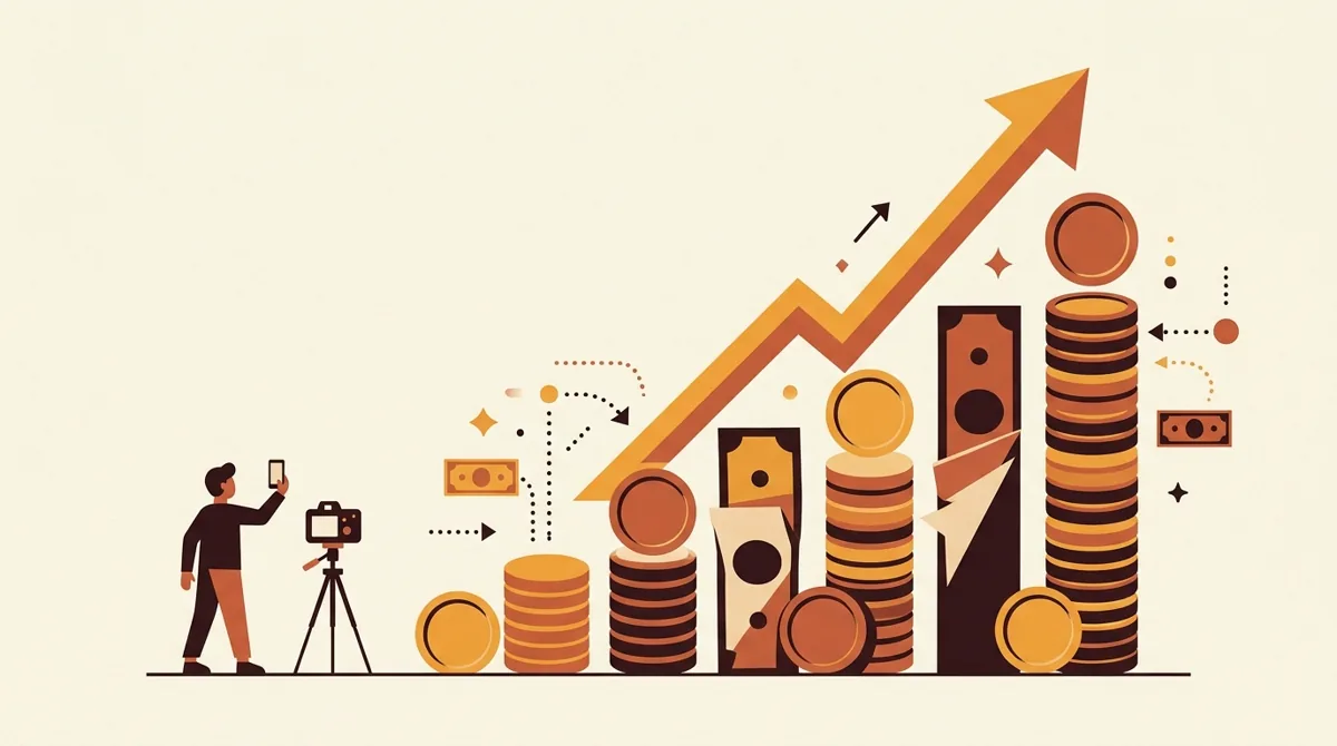 A creator standing beside growing income bars built from several revenue streams