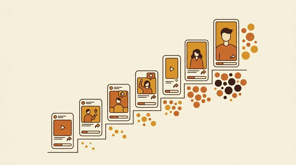 A TikTok phone beside ascending content steps and expanding reach