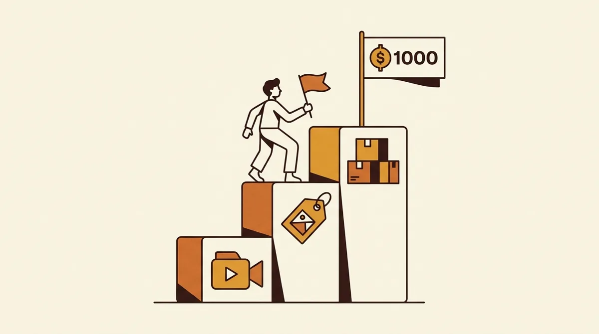 A creator climbing a sequence of offers and income milestones toward one thousand dollars