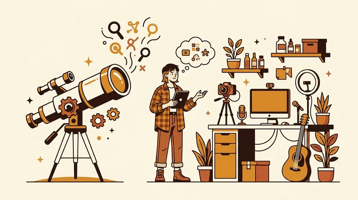 A creator comparing video research, packaging, and analytics tools at a workstation