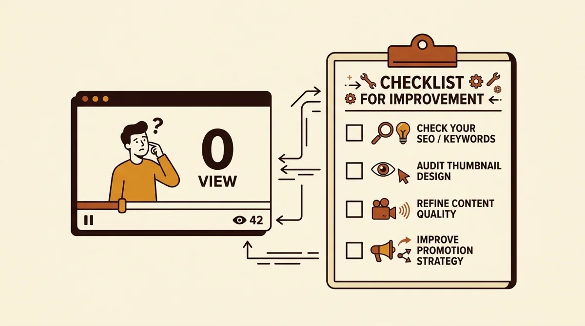 A zero-view video screen beside a diagnostic checklist for content distribution issues