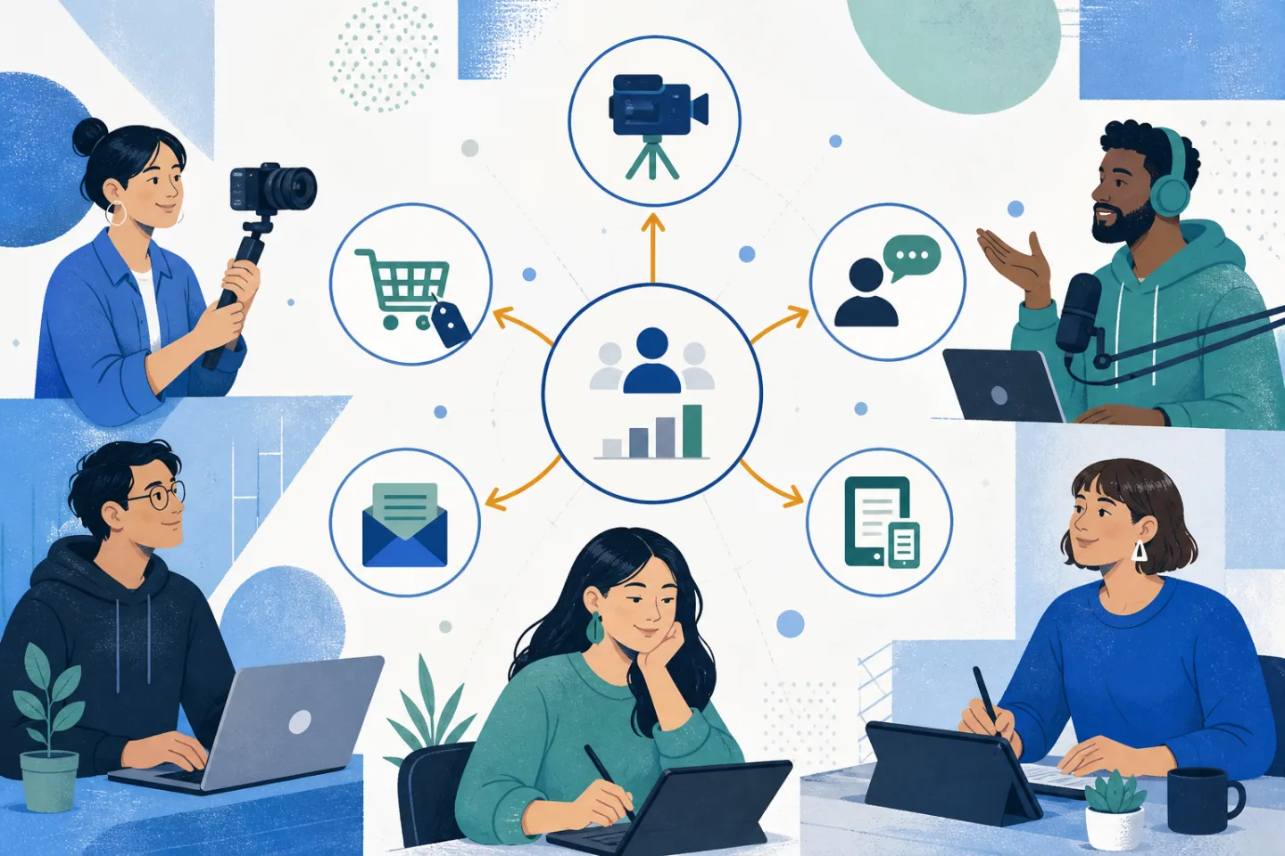 Creators using video, affiliate commerce, newsletters, and digital products as multiple income streams